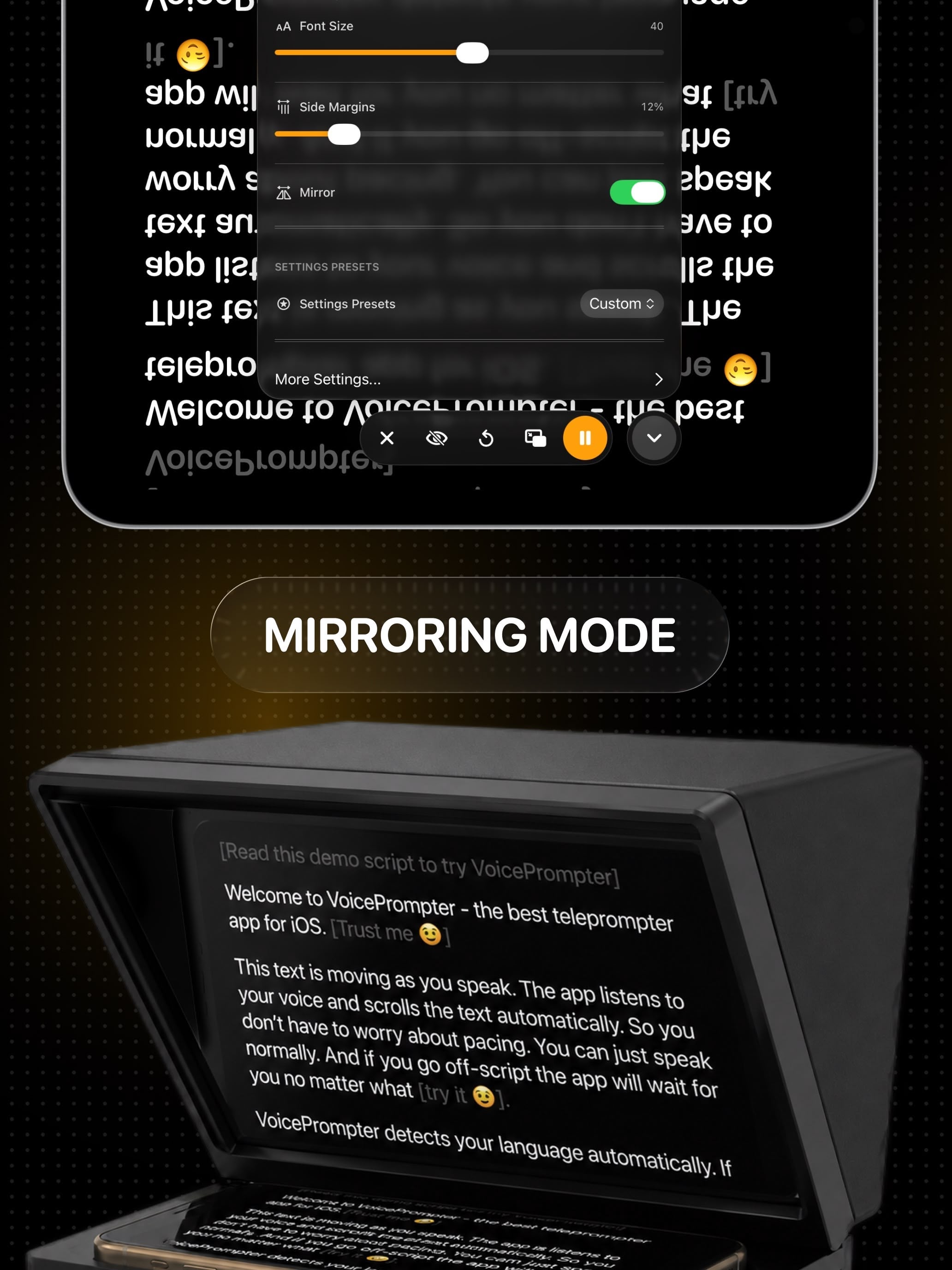 Mirroring mode on iPad for beam-splitter teleprompter rigs