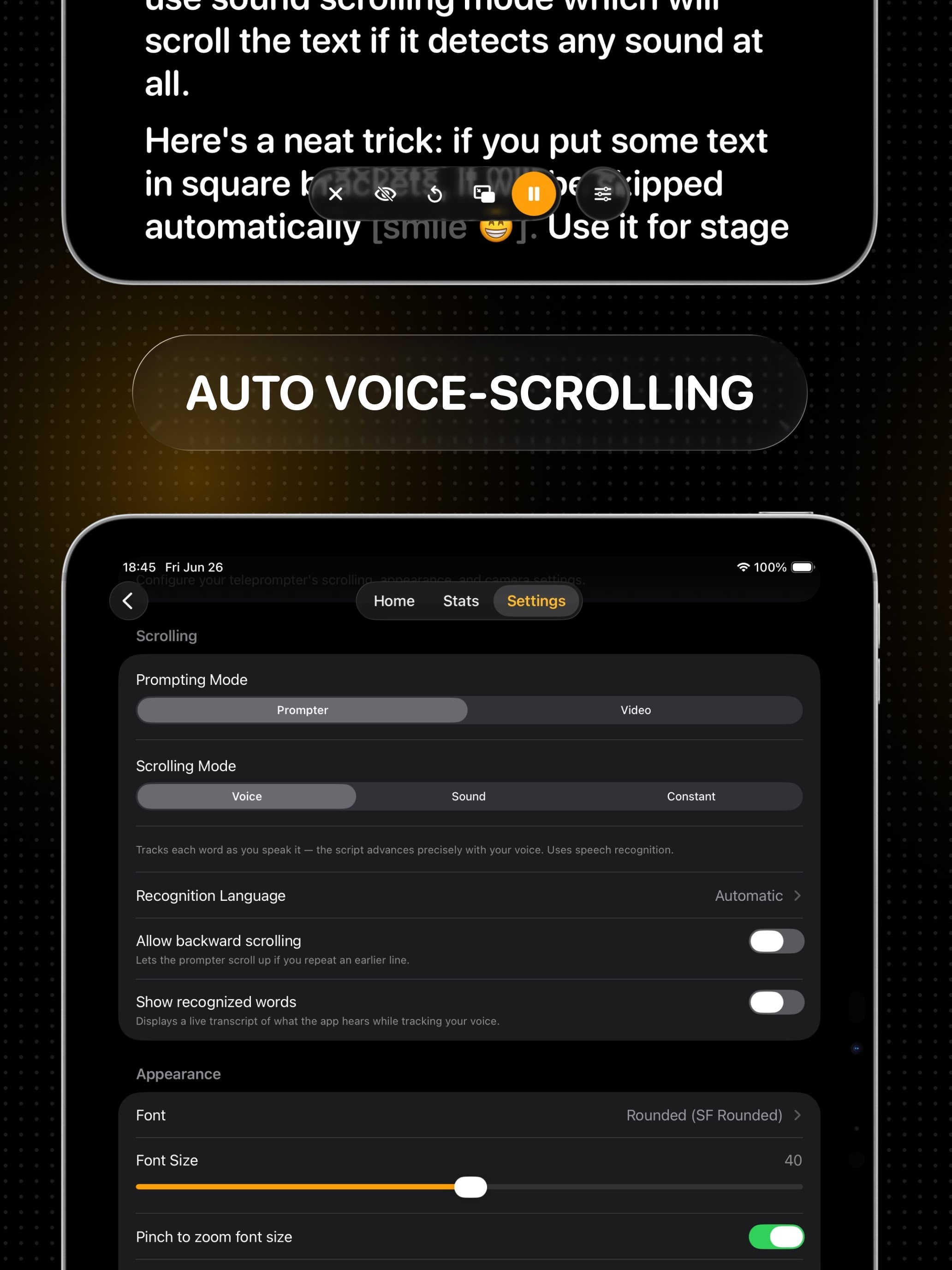 Voice scrolling settings on iPad: the teleprompter follows your speech word by word