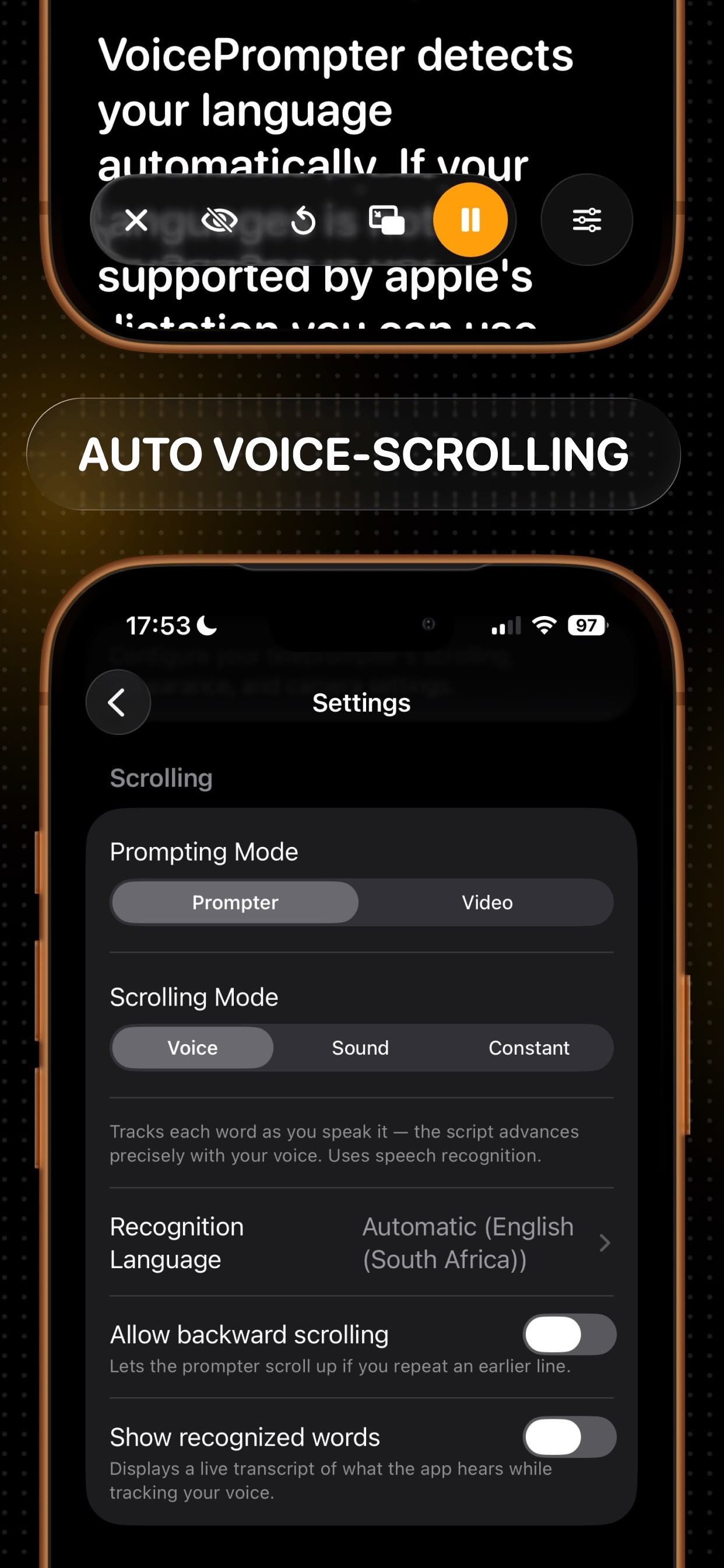 Voice scrolling on iPhone: the teleprompter follows your speech word by word